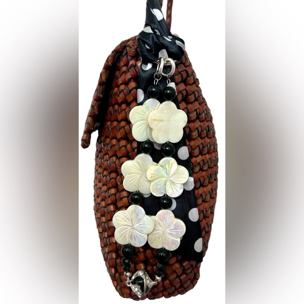 Handmade Bag Charm w/Mother of Pearl Camellias, Sequin Clasp & Silk Twilly✨NWOT✨